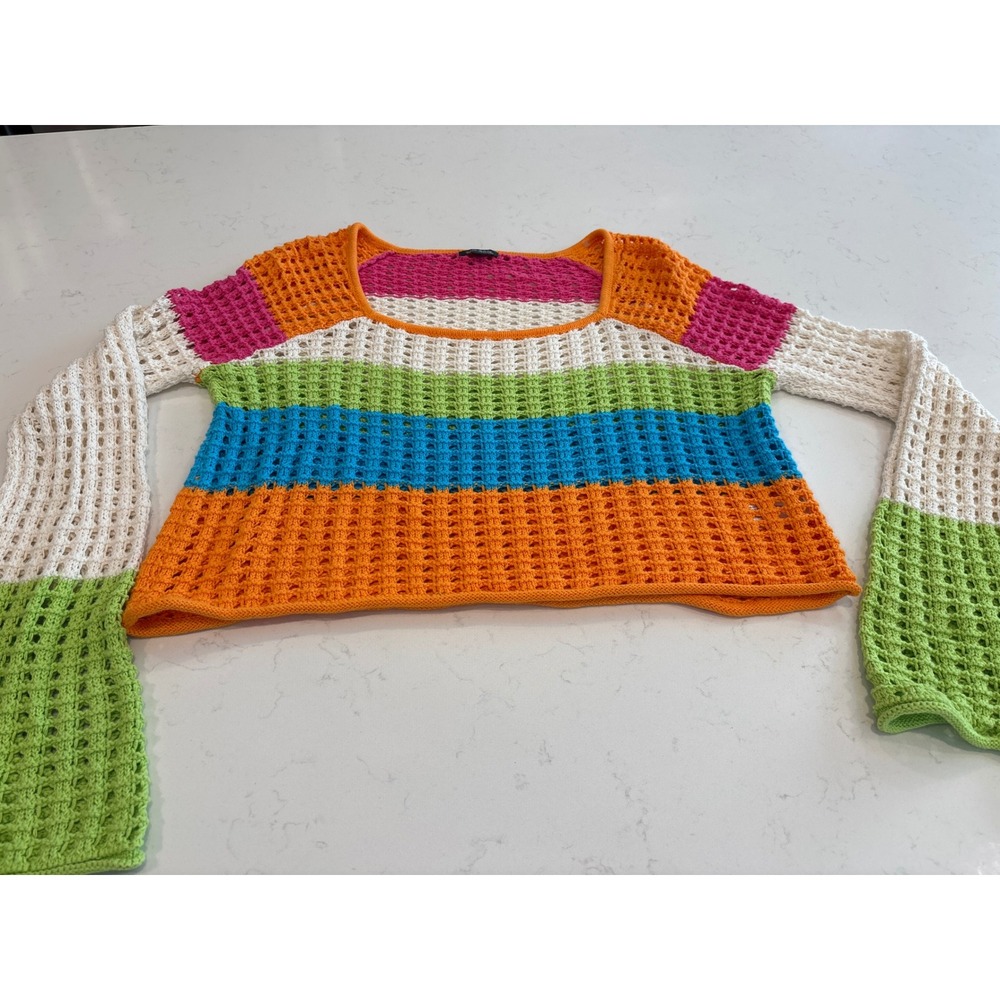 Wild Fable Womens Multi-Color Striped Crochet Cropped Sweater Size S Cotton Mesh